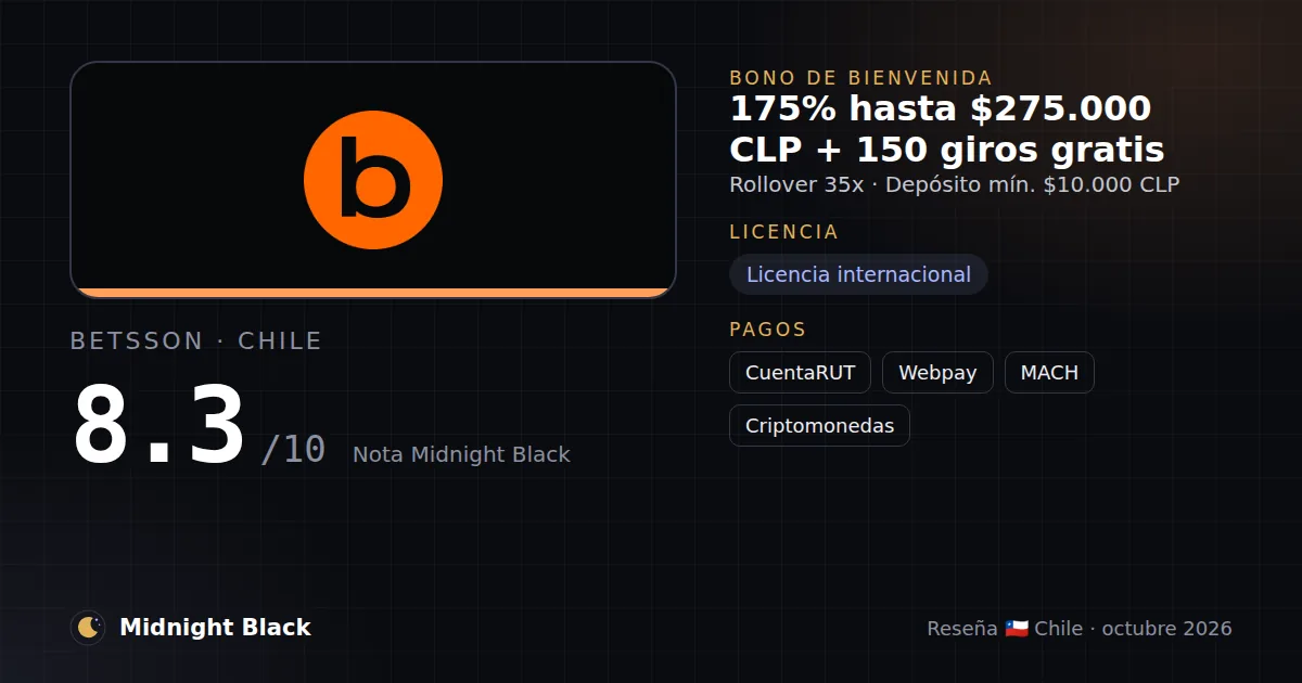 Betsson en Chile: bono, licencia y métodos de pago (resumen Midnight Black, 15/10/2026)