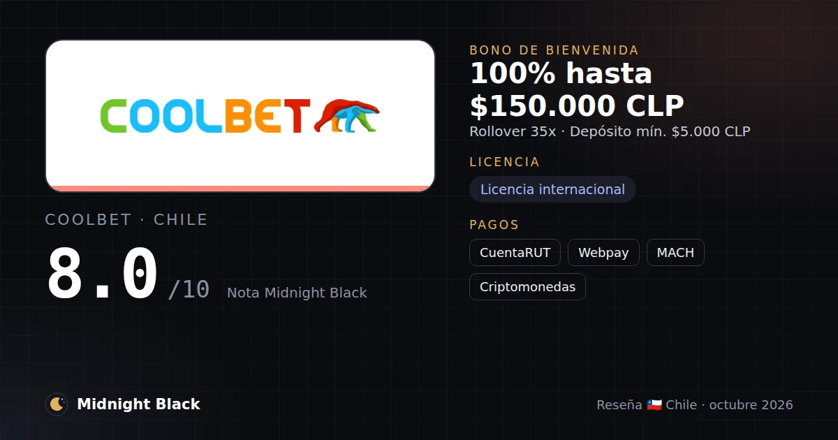 Coolbet en Chile: bono, licencia y métodos de pago (resumen Midnight Black, 15/10/2026)