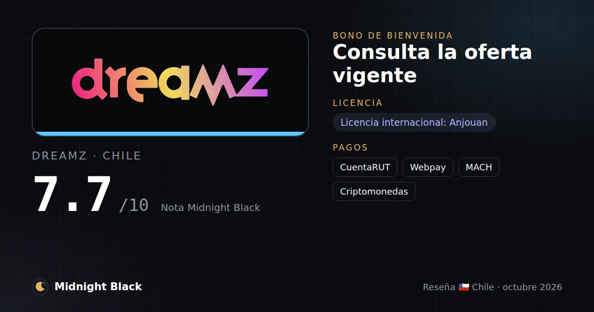 Dreamz en Chile: bono, licencia y métodos de pago (resumen Midnight Black, 15/10/2026)