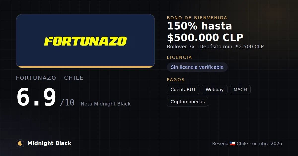 Fortunazo en Chile: bono, licencia y métodos de pago (resumen Midnight Black, 15/10/2026)