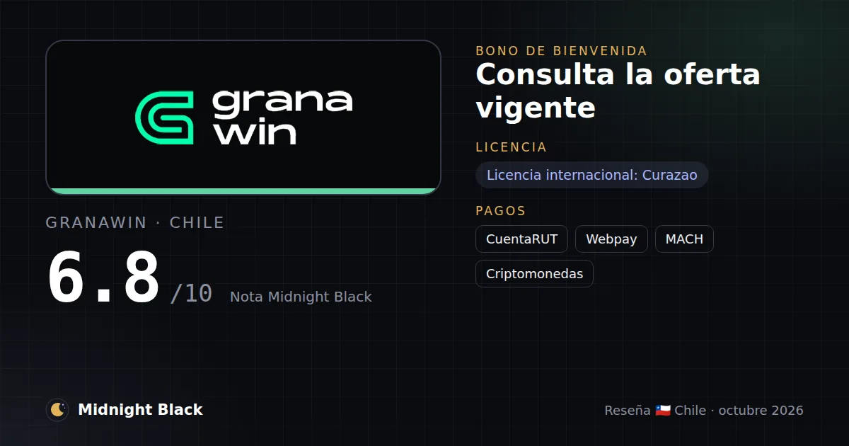 GranaWin en Chile: bono, licencia y métodos de pago (resumen Midnight Black, 21/10/2026)