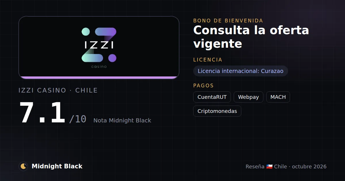 Izzi Casino en Chile: bono, licencia y métodos de pago (resumen Midnight Black, 21/10/2026)