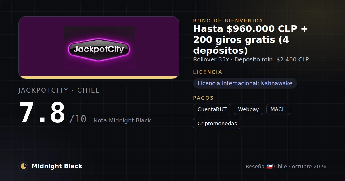 JackpotCity en Chile: bono, licencia y métodos de pago (resumen Midnight Black, 15/10/2026)