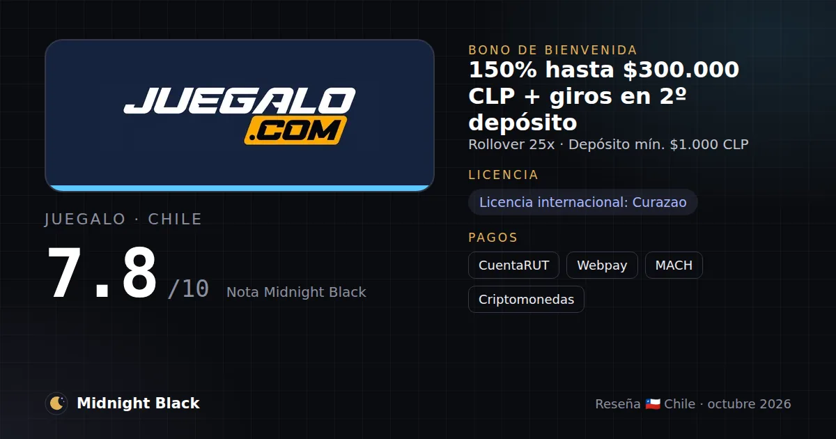 Juegalo en Chile: bono, licencia y métodos de pago (resumen Midnight Black, 15/10/2026)
