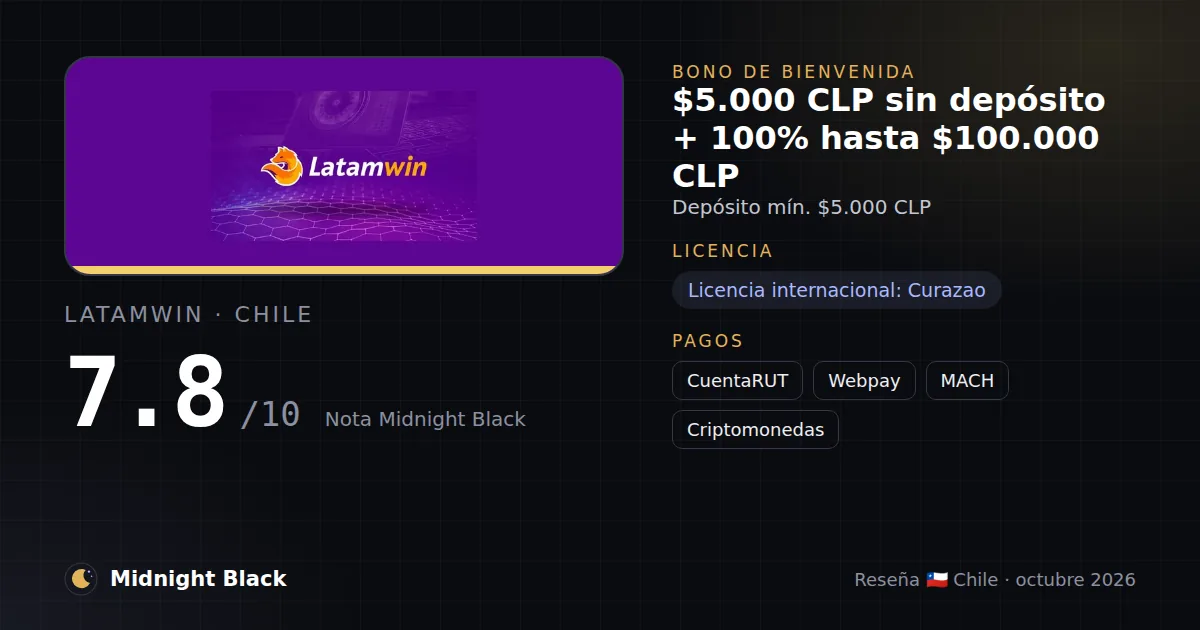 Latamwin en Chile: bono, licencia y métodos de pago (resumen Midnight Black, 15/10/2026)