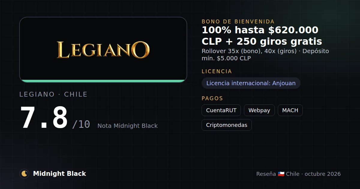 Legiano en Chile: bono, licencia y métodos de pago (resumen Midnight Black, 22/10/2026)