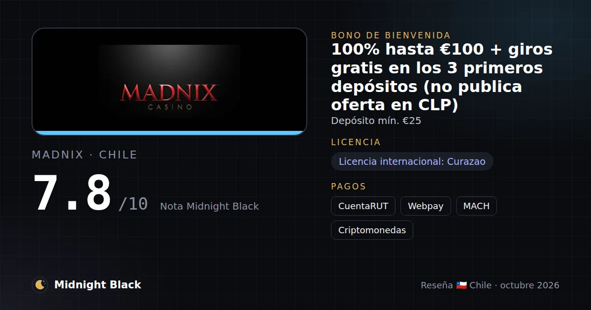 Madnix en Chile: bono, licencia y métodos de pago (resumen Midnight Black, 15/10/2026)