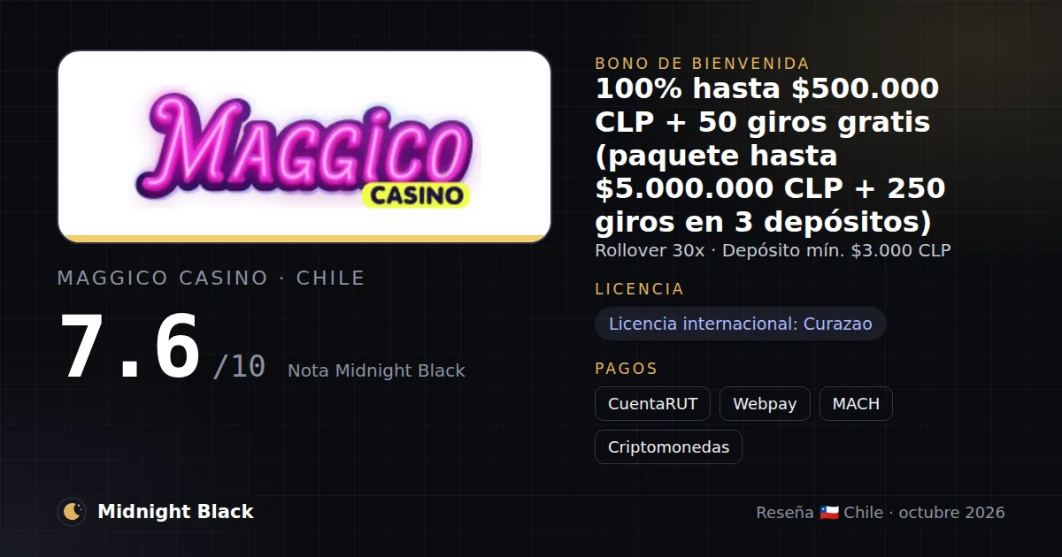 Maggico Casino en Chile: bono, licencia y métodos de pago (resumen Midnight Black, 15/10/2026)