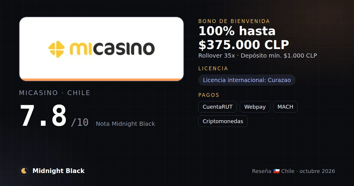 MiCasino en Chile: bono, licencia y métodos de pago (resumen Midnight Black, 15/10/2026)