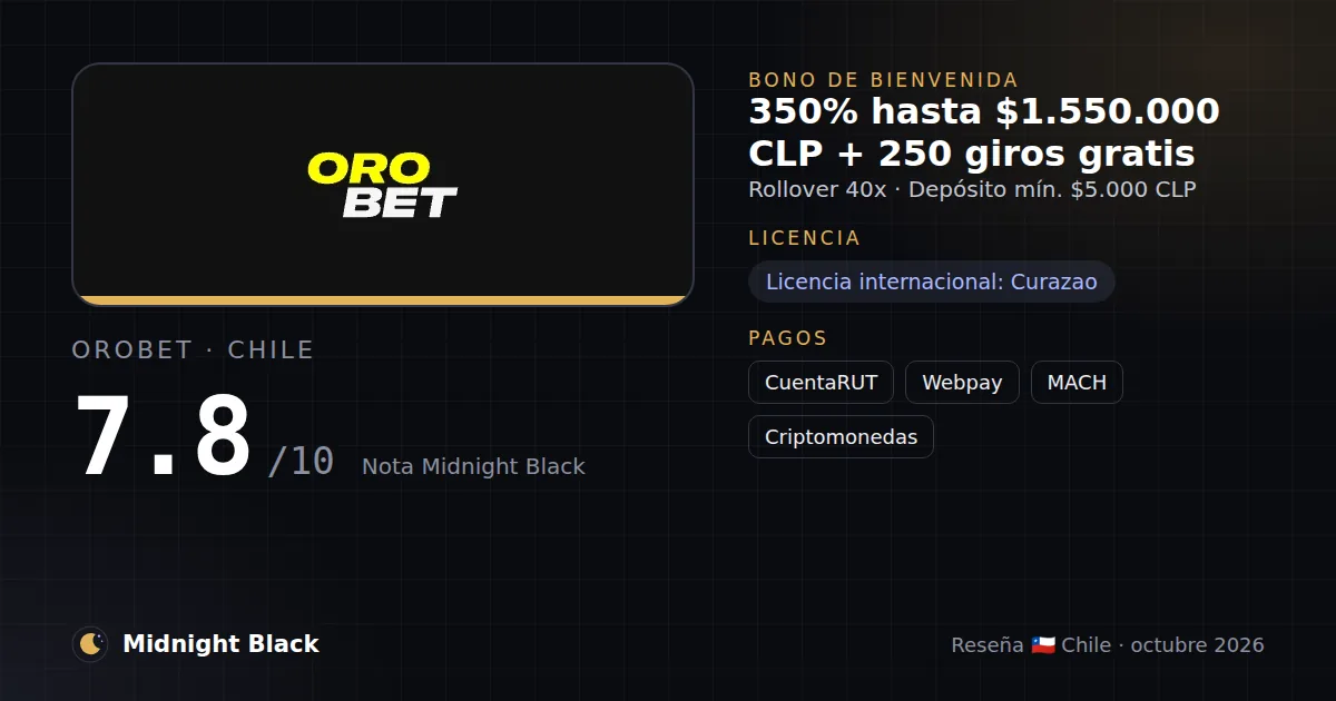 Orobet en Chile: bono, licencia y métodos de pago (resumen Midnight Black, 15/10/2026)