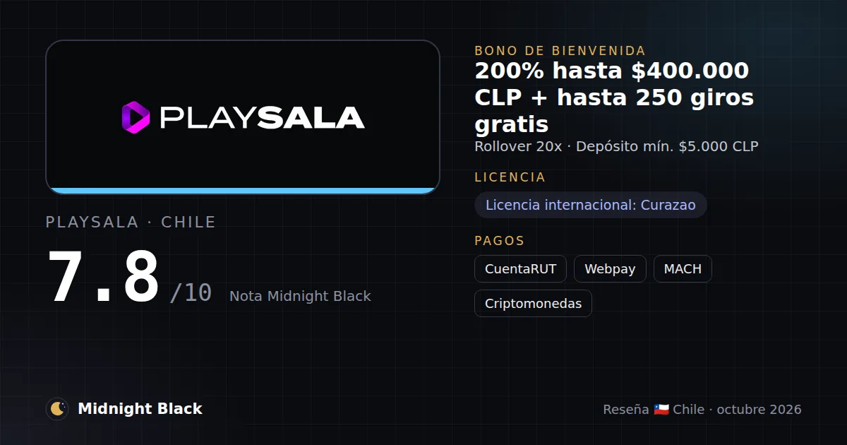 Playsala en Chile: bono, licencia y métodos de pago (resumen Midnight Black, 15/10/2026)