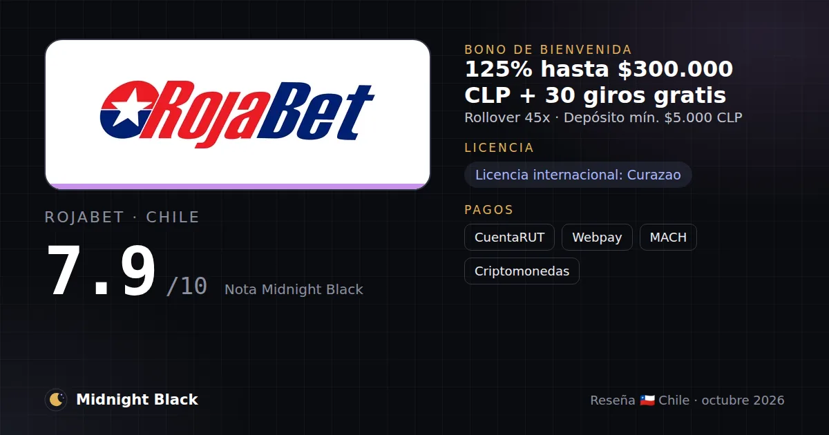 Rojabet en Chile: bono, licencia y métodos de pago (resumen Midnight Black, 15/10/2026)