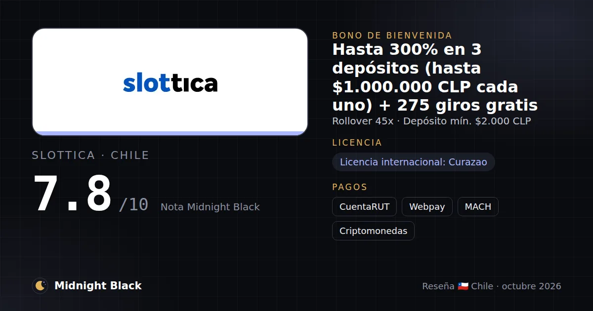 Slottica en Chile: bono, licencia y métodos de pago (resumen Midnight Black, 15/10/2026)