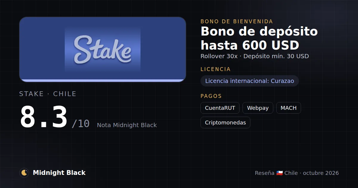 Stake en Chile: bono, licencia y métodos de pago (resumen Midnight Black, 15/10/2026)