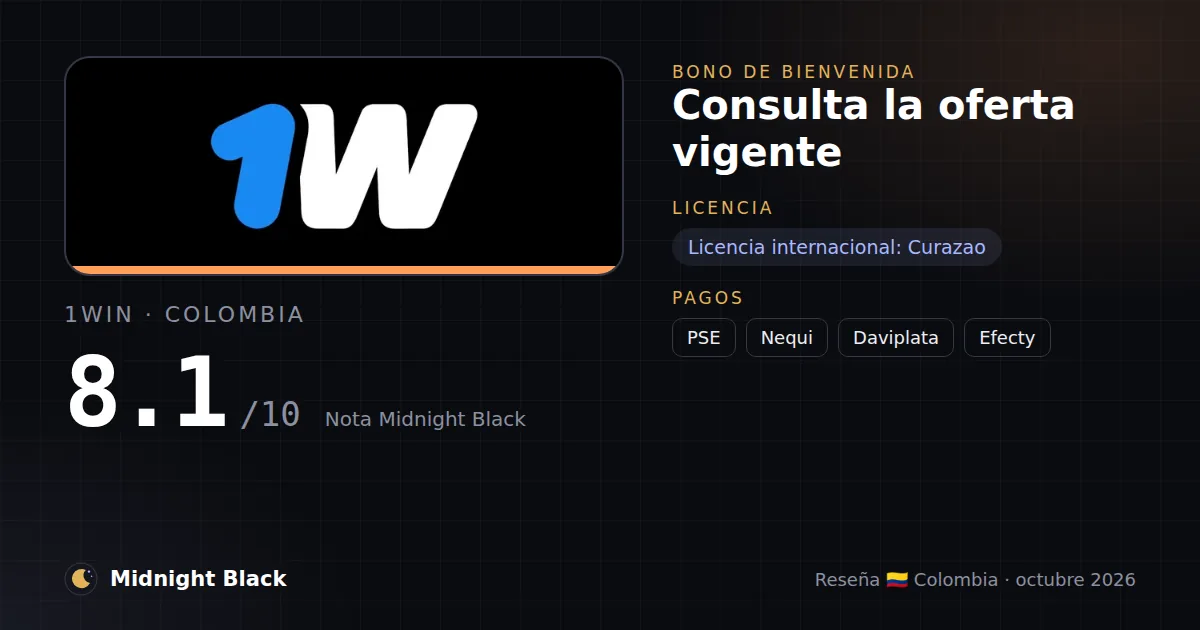 1win en Colombia: bono, licencia y métodos de pago (resumen Midnight Black, 15/10/2026)