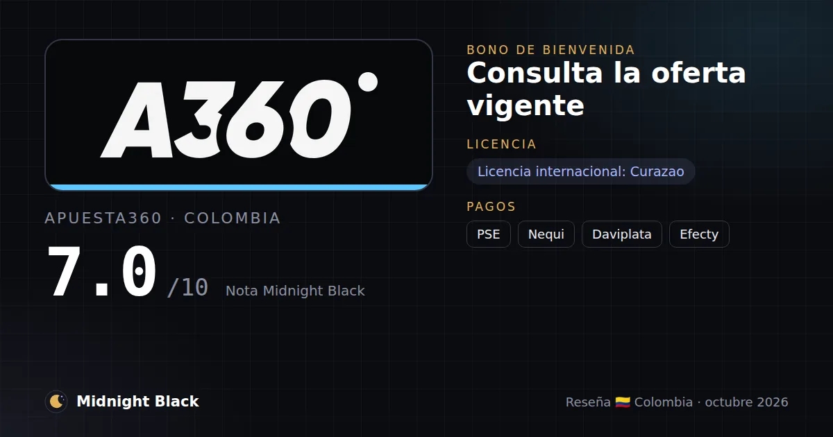 Apuesta360 en Colombia: bono, licencia y métodos de pago (resumen Midnight Black, 21/10/2026)