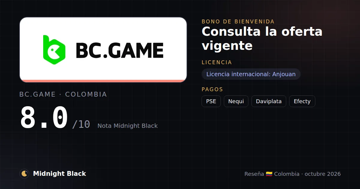 BC.Game en Colombia: bono, licencia y métodos de pago (resumen Midnight Black, 15/10/2026)