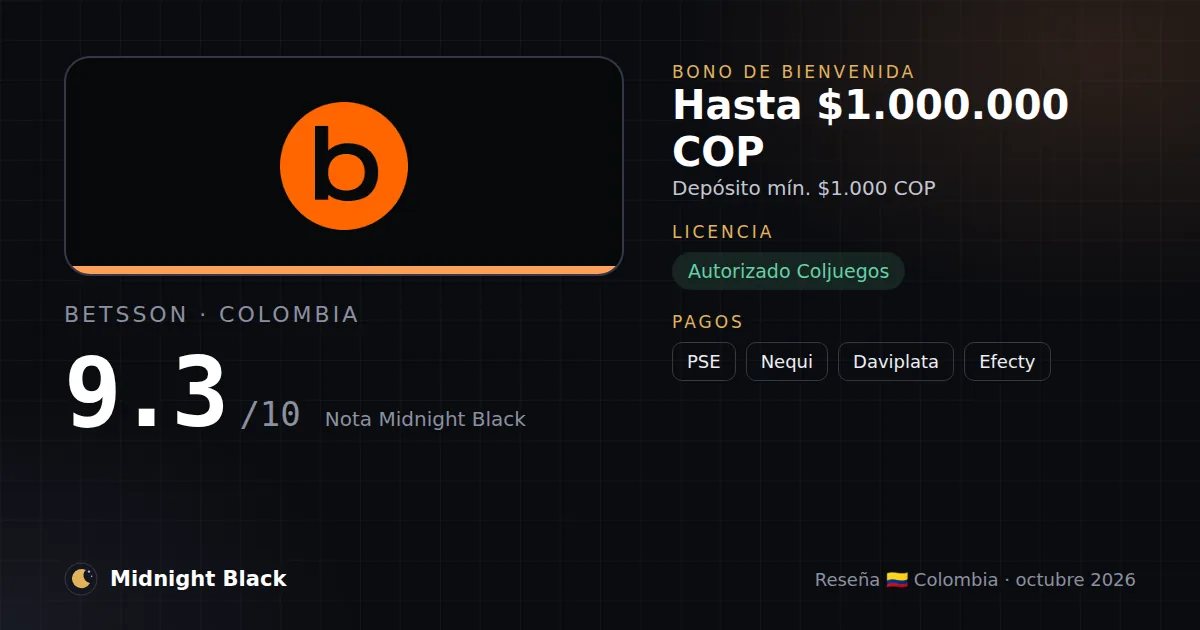 Betsson en Colombia: bono, licencia y métodos de pago (resumen Midnight Black, 15/10/2026)