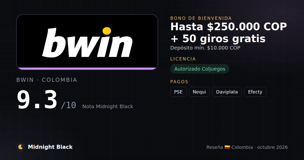 bwin en Colombia: bono, licencia y métodos de pago (resumen Midnight Black, 15/10/2026)