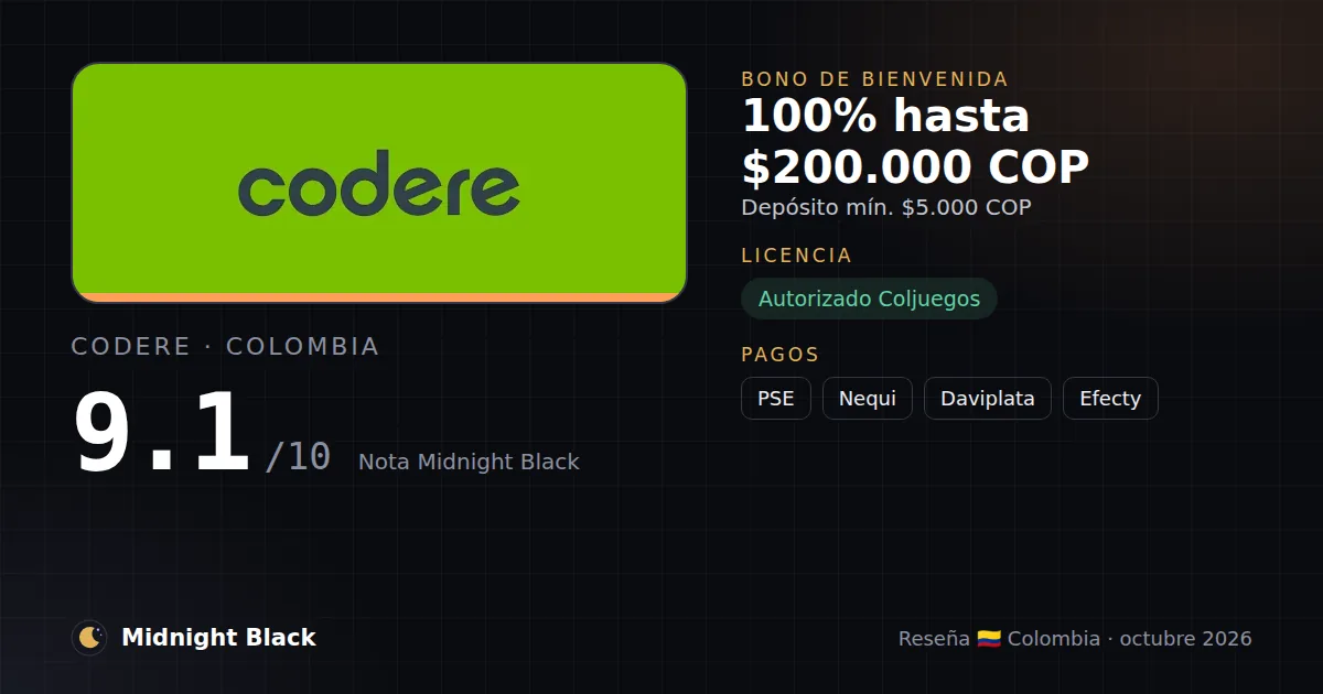 Codere en Colombia: bono, licencia y métodos de pago (resumen Midnight Black, 15/10/2026)