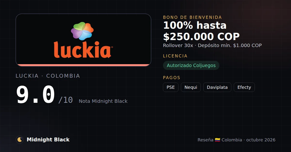 Luckia en Colombia: bono, licencia y métodos de pago (resumen Midnight Black, 15/10/2026)