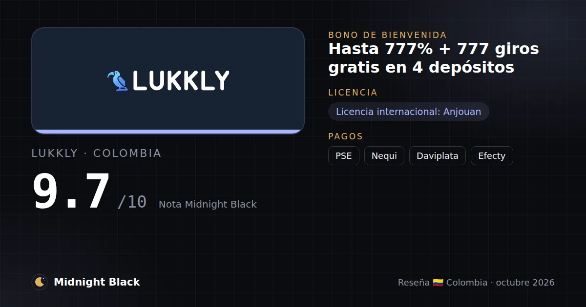 Lukkly en Colombia: bono, licencia y métodos de pago (resumen Midnight Black, 15/10/2026)