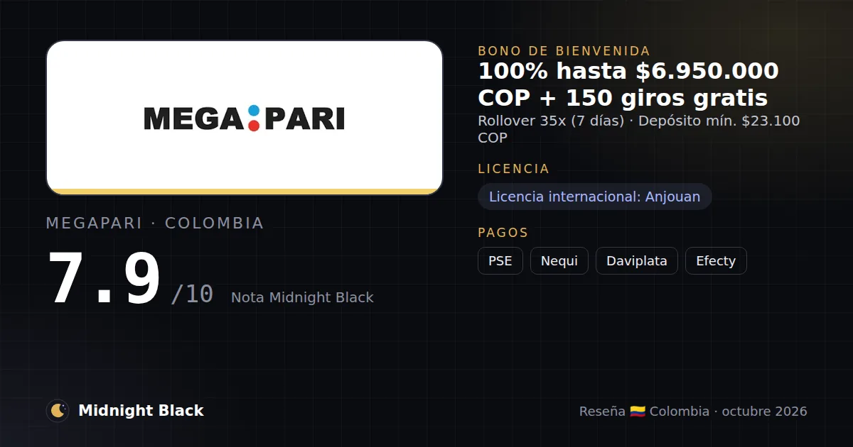 Megapari en Colombia: bono, licencia y métodos de pago (resumen Midnight Black, 15/10/2026)