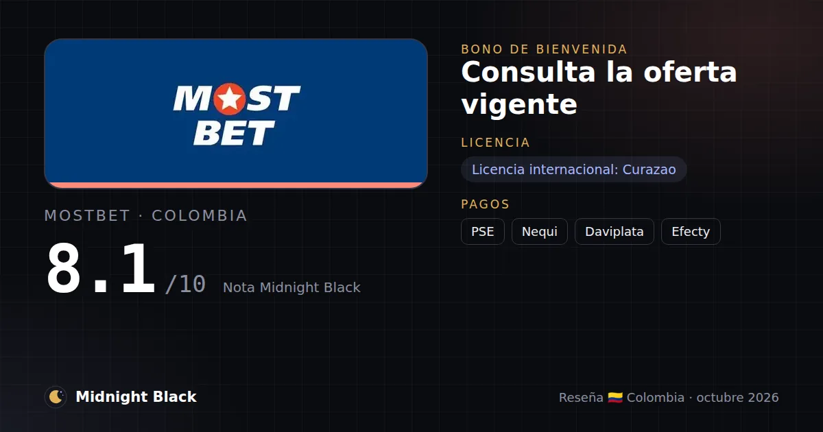 Mostbet en Colombia: bono, licencia y métodos de pago (resumen Midnight Black, 15/10/2026)