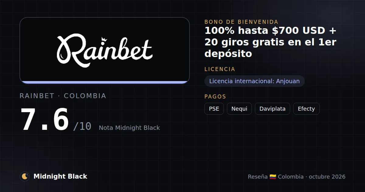 Rainbet en Colombia: bono, licencia y métodos de pago (resumen Midnight Black, 22/10/2026)