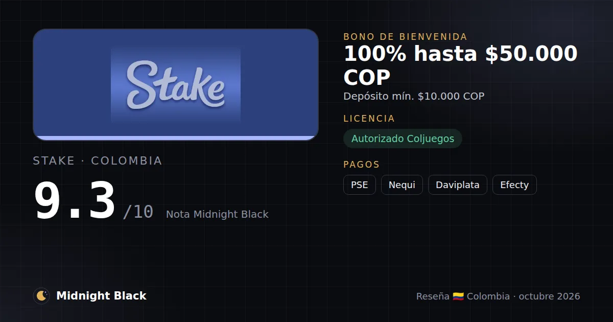 Stake en Colombia: bono, licencia y métodos de pago (resumen Midnight Black, 15/10/2026)
