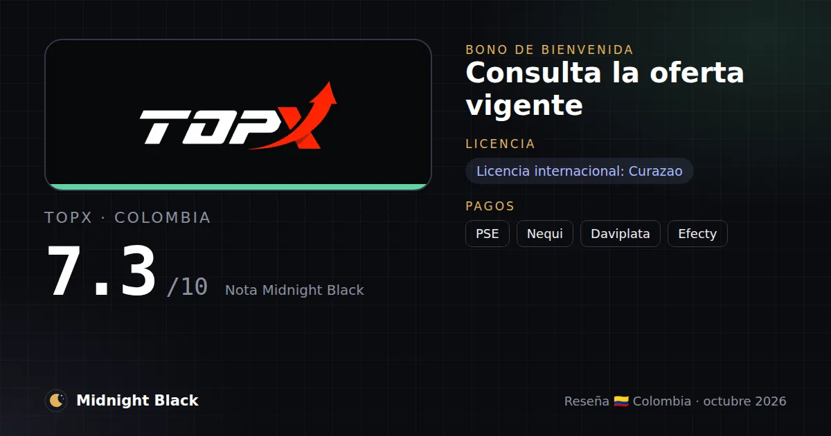 TopX en Colombia: bono, licencia y métodos de pago (resumen Midnight Black, 23/10/2026)