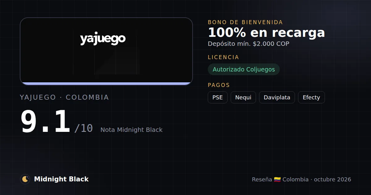 Yajuego en Colombia: bono, licencia y métodos de pago (resumen Midnight Black, 15/10/2026)
