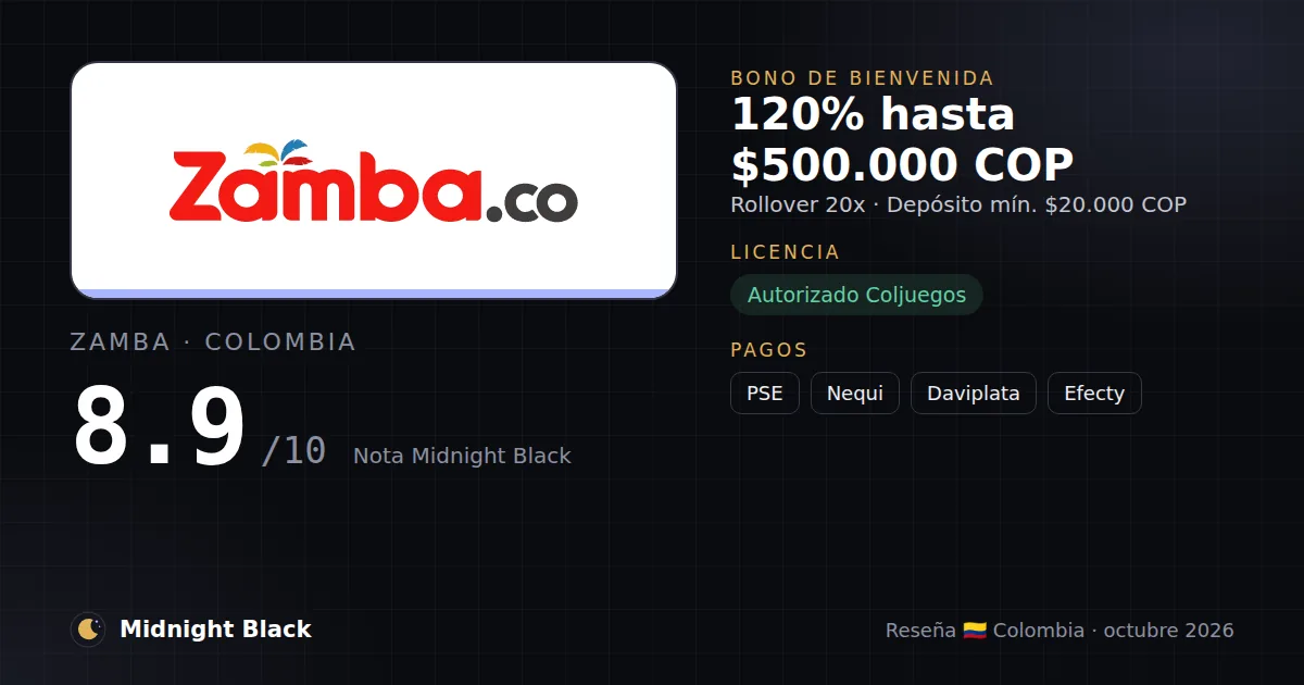 Zamba en Colombia: bono, licencia y métodos de pago (resumen Midnight Black, 15/10/2026)