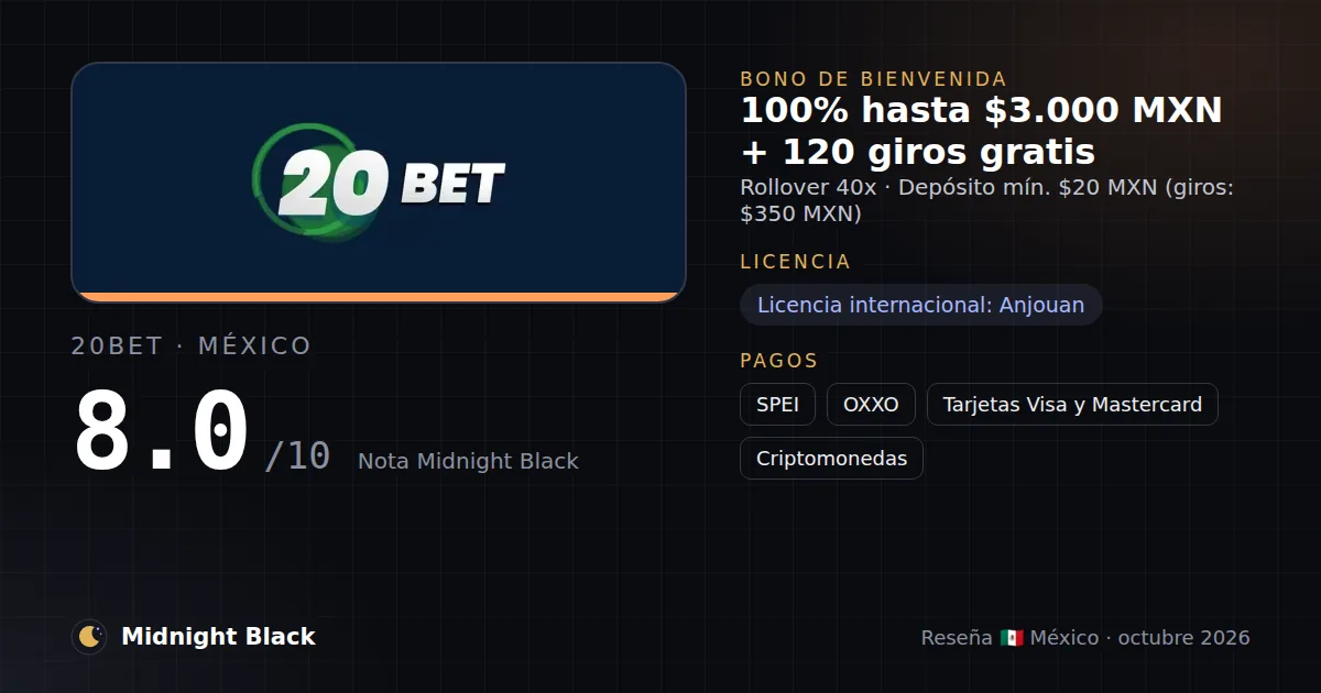 20Bet en México: bono, licencia y métodos de pago (resumen Midnight Black, 15/10/2026)