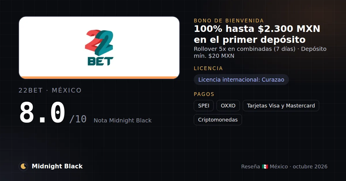 22Bet en México: bono, licencia y métodos de pago (resumen Midnight Black, 15/10/2026)