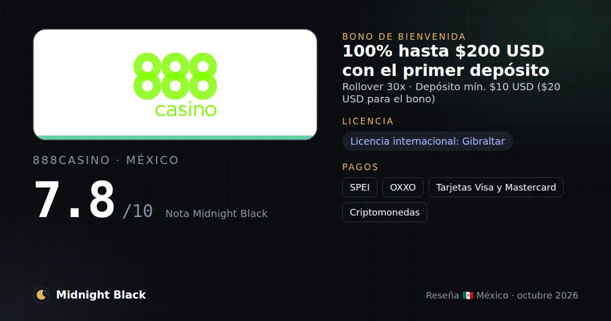 888casino en México: bono, licencia y métodos de pago (resumen Midnight Black, 15/10/2026)
