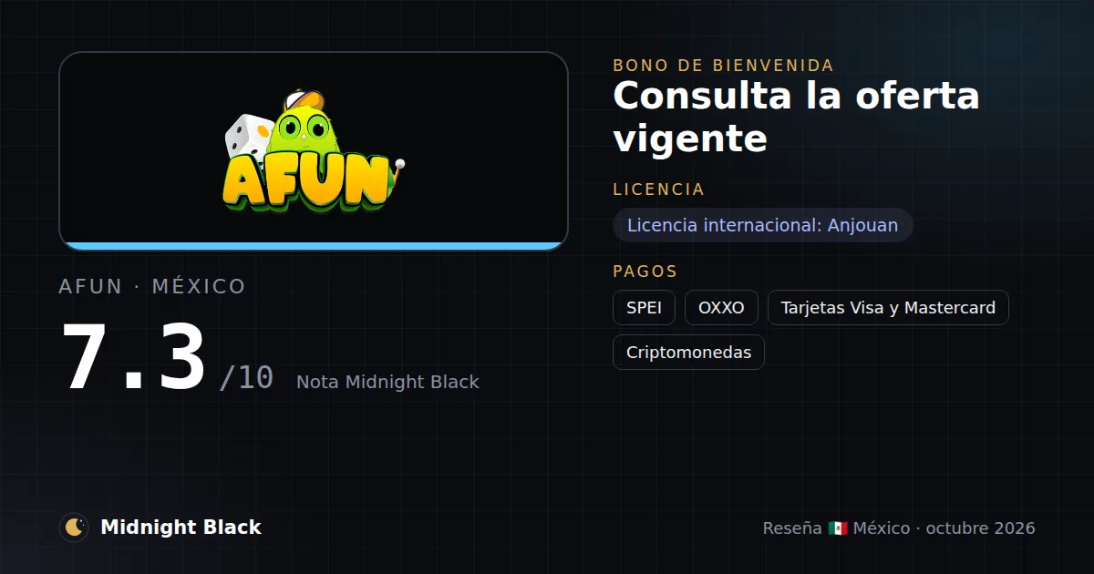 AFUN en México: bono, licencia y métodos de pago (resumen Midnight Black, 15/10/2026)