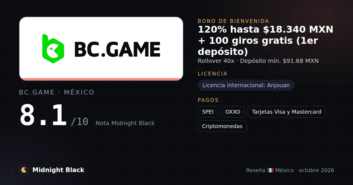 BC.Game en México: bono, licencia y métodos de pago (resumen Midnight Black, 15/10/2026)