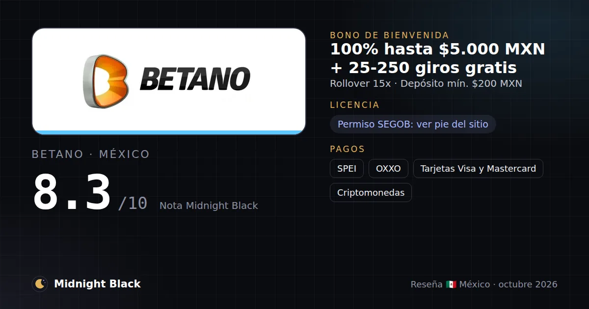 Betano en México: bono, licencia y métodos de pago (resumen Midnight Black, 15/10/2026)