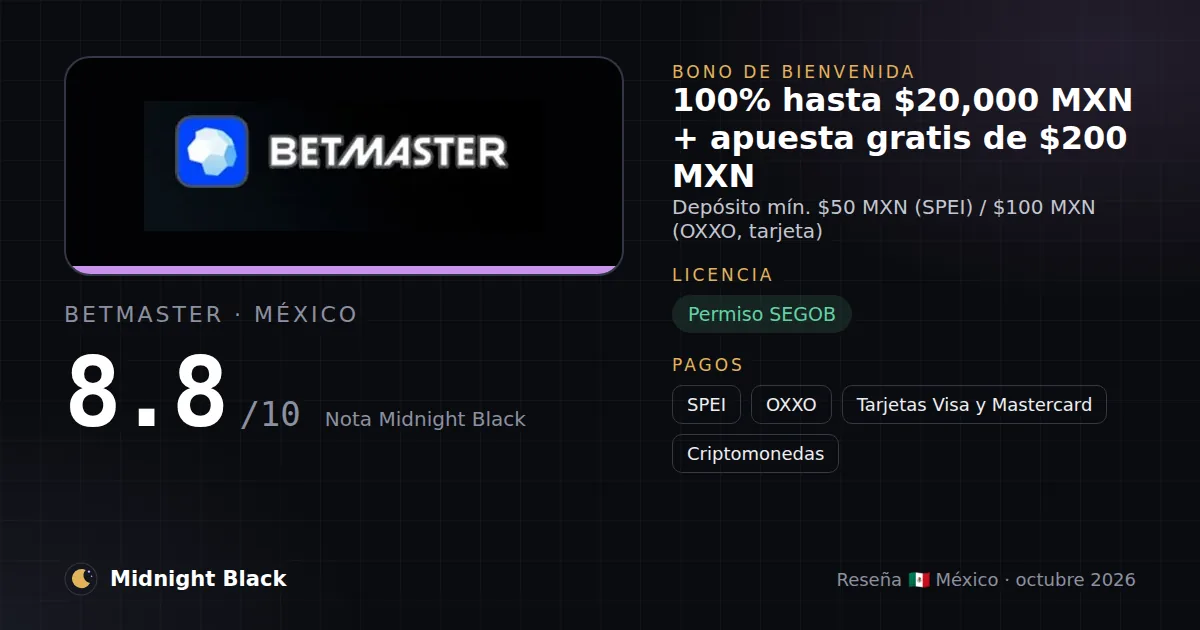 Betmaster en México: bono, licencia y métodos de pago (resumen Midnight Black, 15/10/2026)
