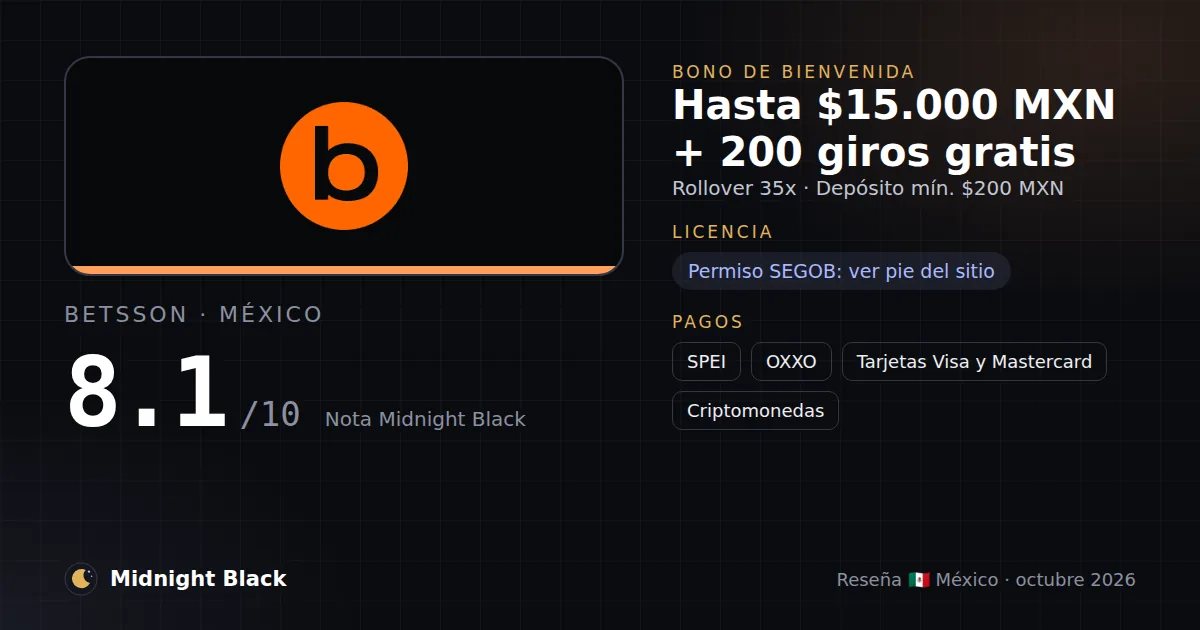 Betsson en México: bono, licencia y métodos de pago (resumen Midnight Black, 15/10/2026)