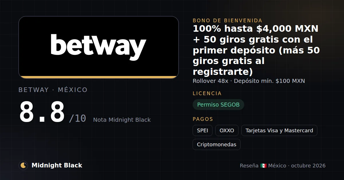 Betway en México: bono, licencia y métodos de pago (resumen Midnight Black, 15/10/2026)