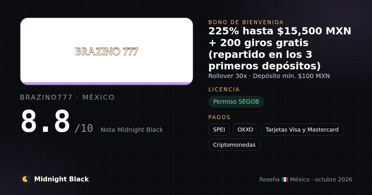 Brazino777 en México: bono, licencia y métodos de pago (resumen Midnight Black, 15/10/2026)