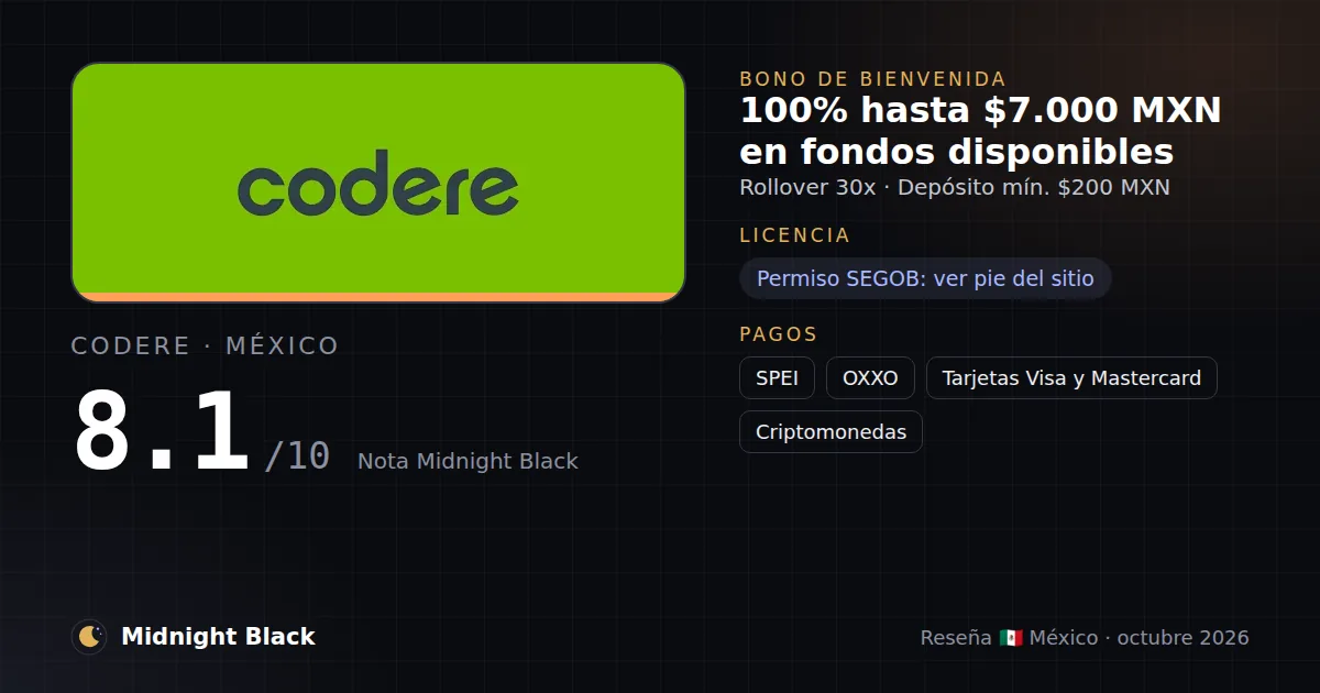 Codere en México: bono, licencia y métodos de pago (resumen Midnight Black, 15/10/2026)