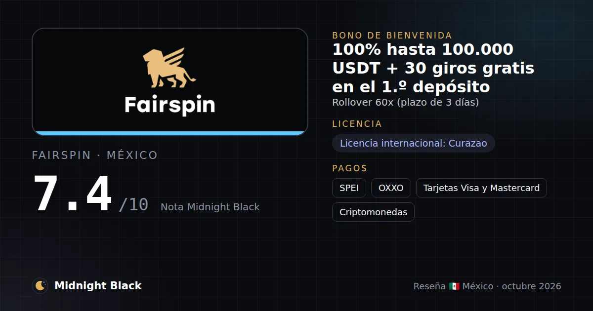FairSpin en México: bono, licencia y métodos de pago (resumen Midnight Black, 21/10/2026)