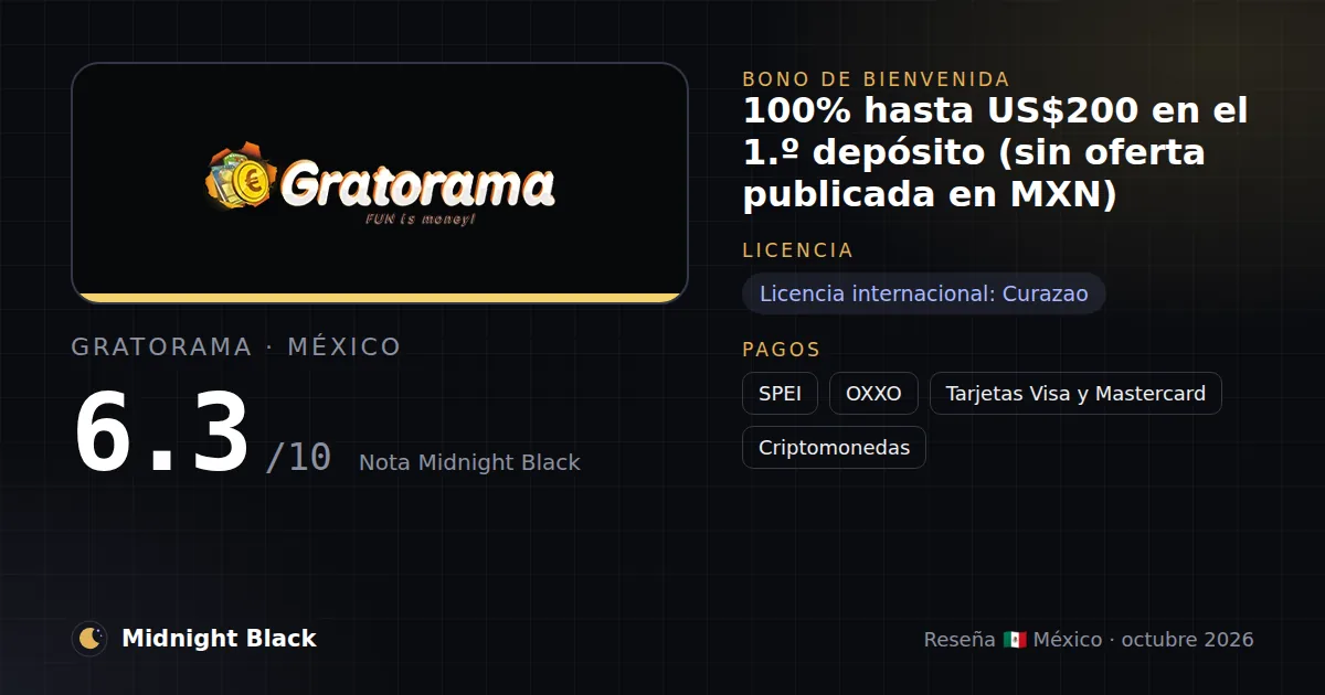 Gratorama en México: bono, licencia y métodos de pago (resumen Midnight Black, 21/10/2026)