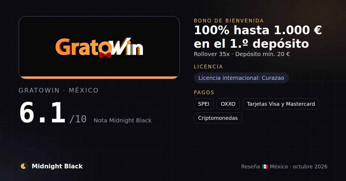 GratoWin en México: bono, licencia y métodos de pago (resumen Midnight Black, 21/10/2026)