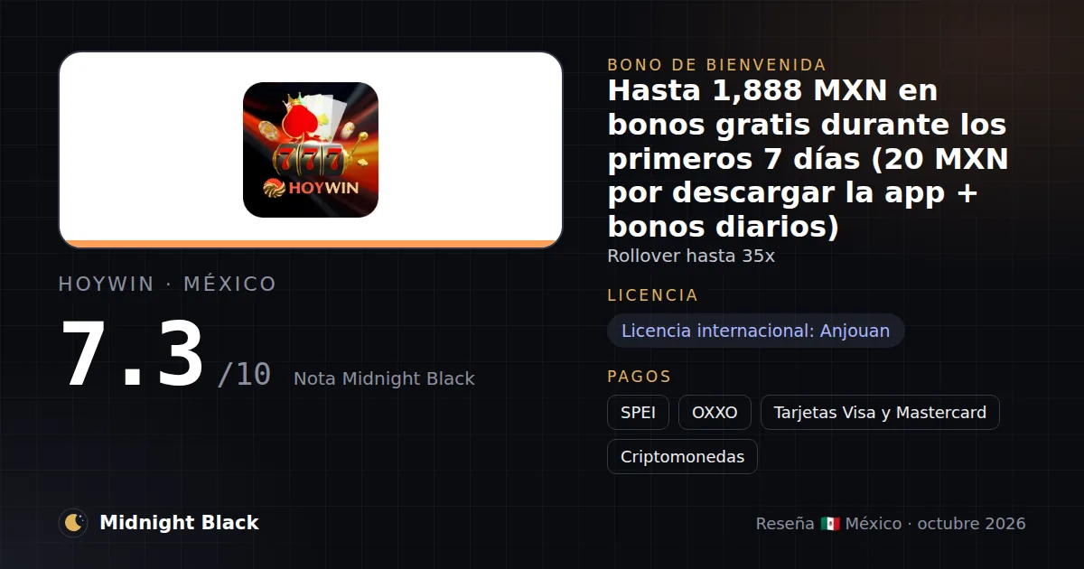 HoyWin en México: bono, licencia y métodos de pago (resumen Midnight Black, 15/10/2026)