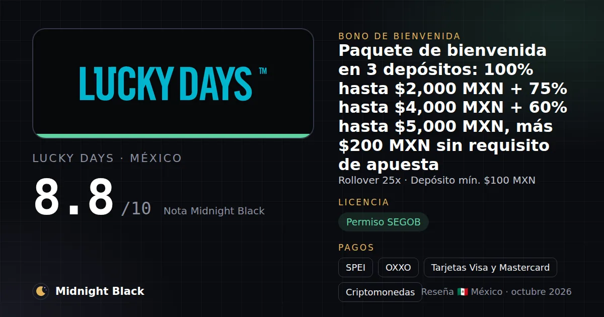 Lucky Days en México: bono, licencia y métodos de pago (resumen Midnight Black, 15/10/2026)