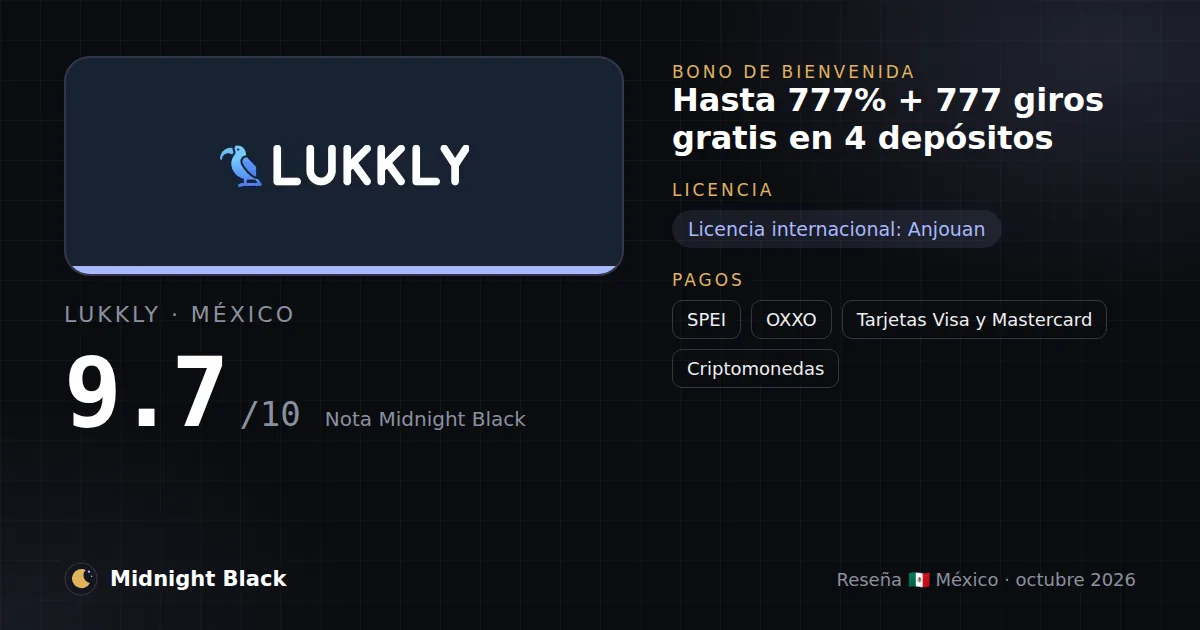 Lukkly en México: bono, licencia y métodos de pago (resumen Midnight Black, 15/10/2026)